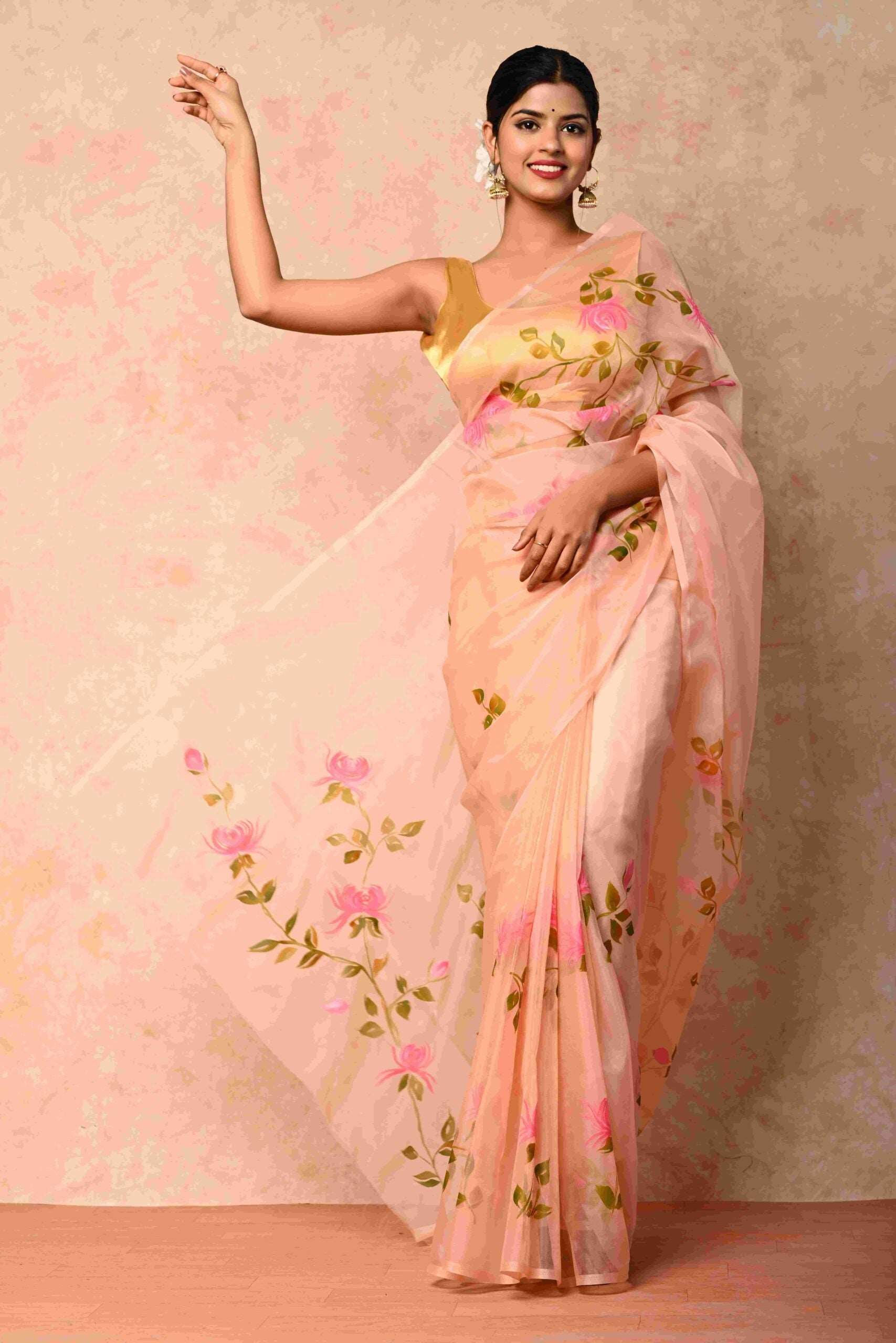 Soft Organza Fabric peach Handpainted Saree