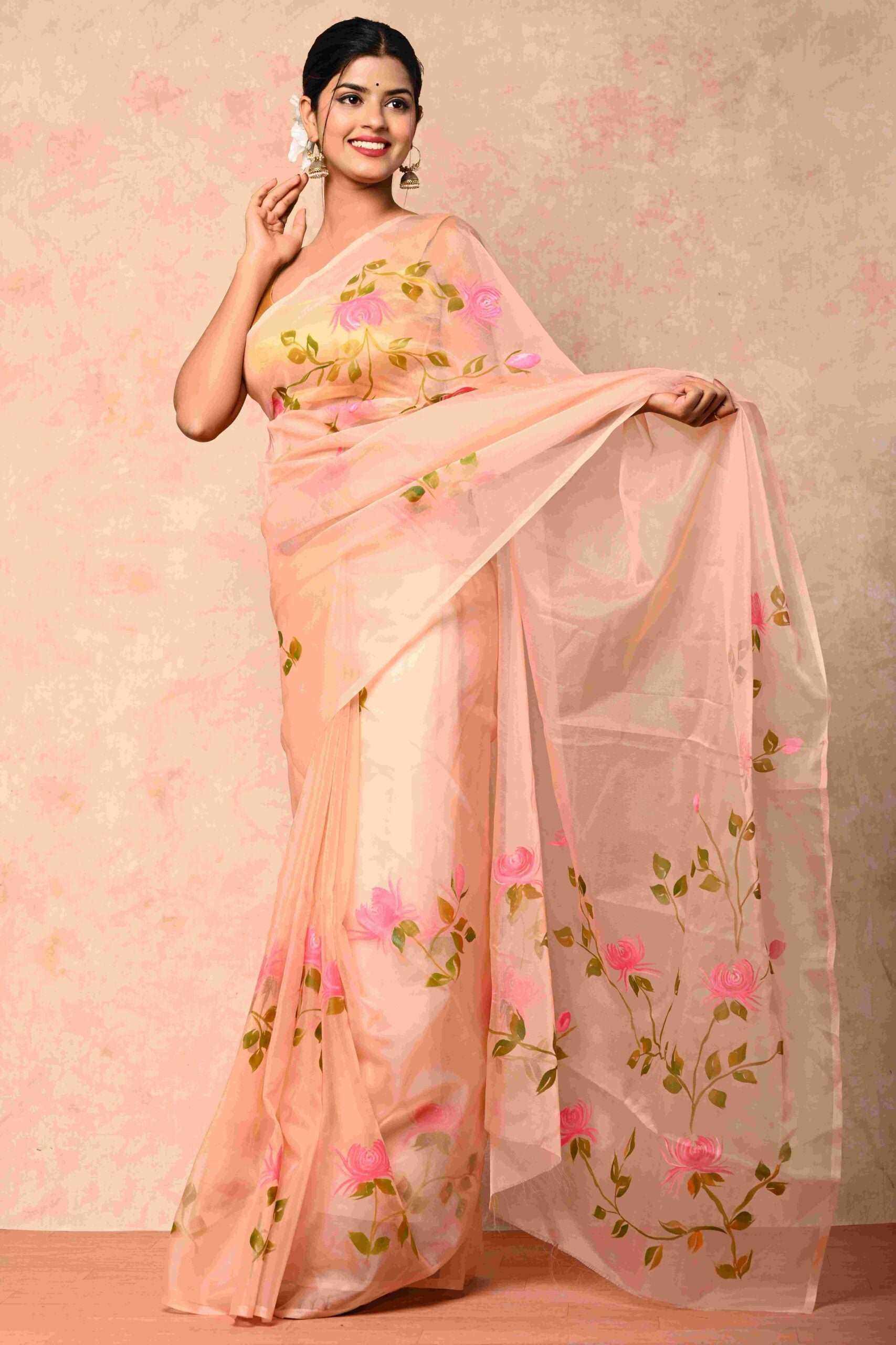 Soft Organza Fabric peach Handpainted Saree