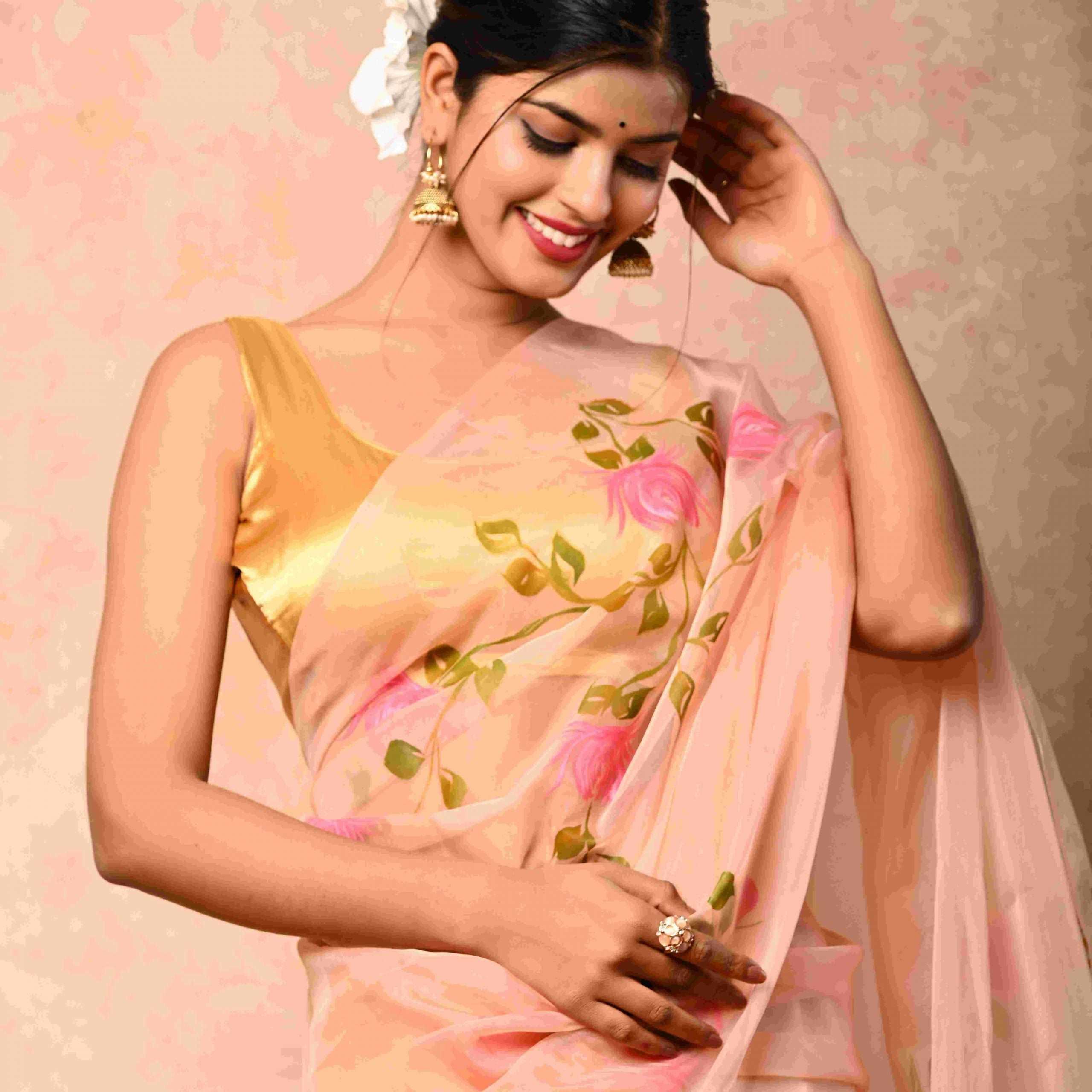 Soft Organza Fabric peach Handpainted Saree