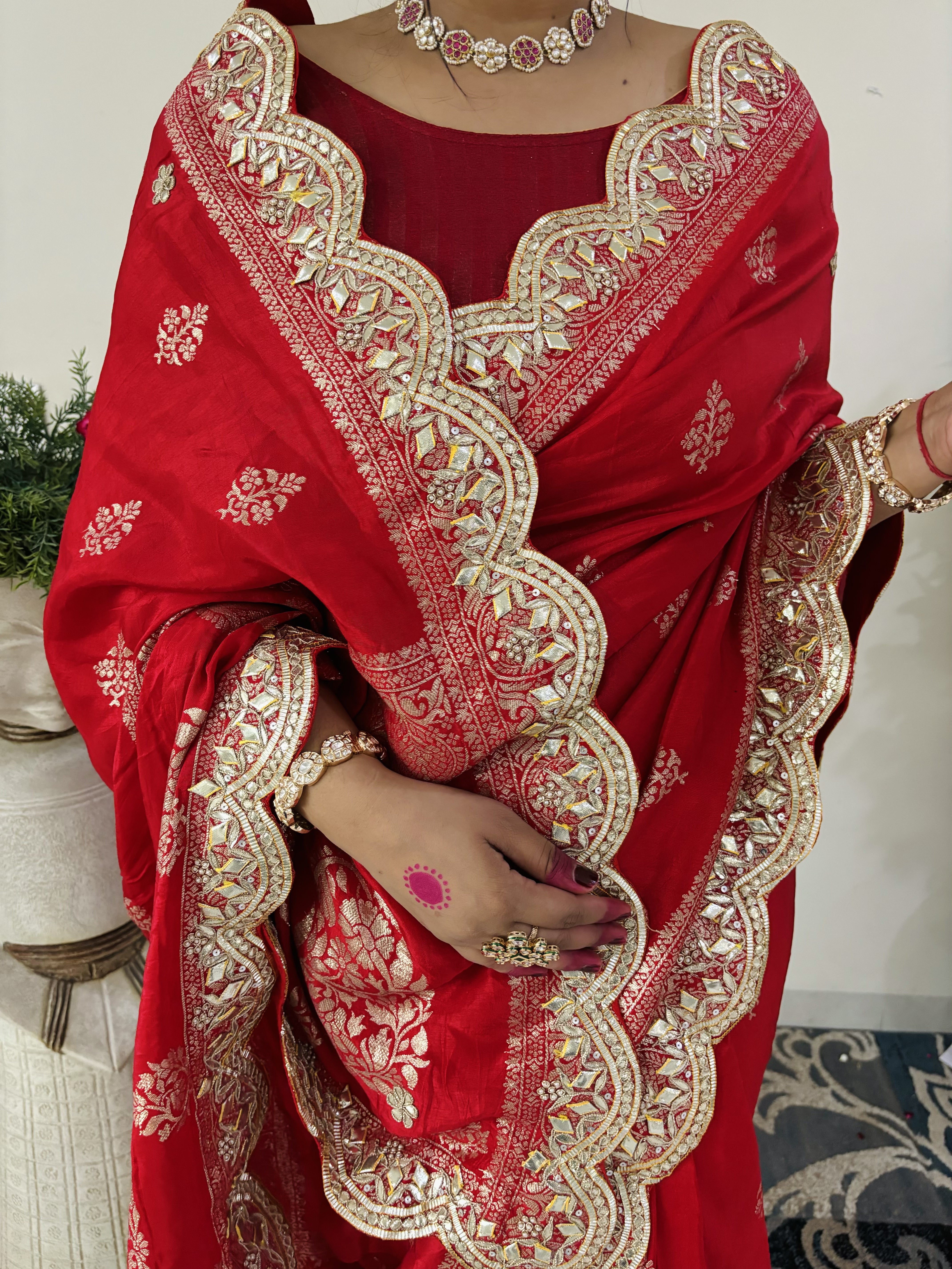 Red Banarasi Upada Silk Fabric Saree with Gota Patti Handwork