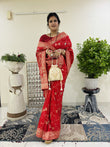 Red Chinon Silk Fabric with Meenakari work and Zari border