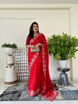 Red Chinon Silk Fabric saree with pittan work