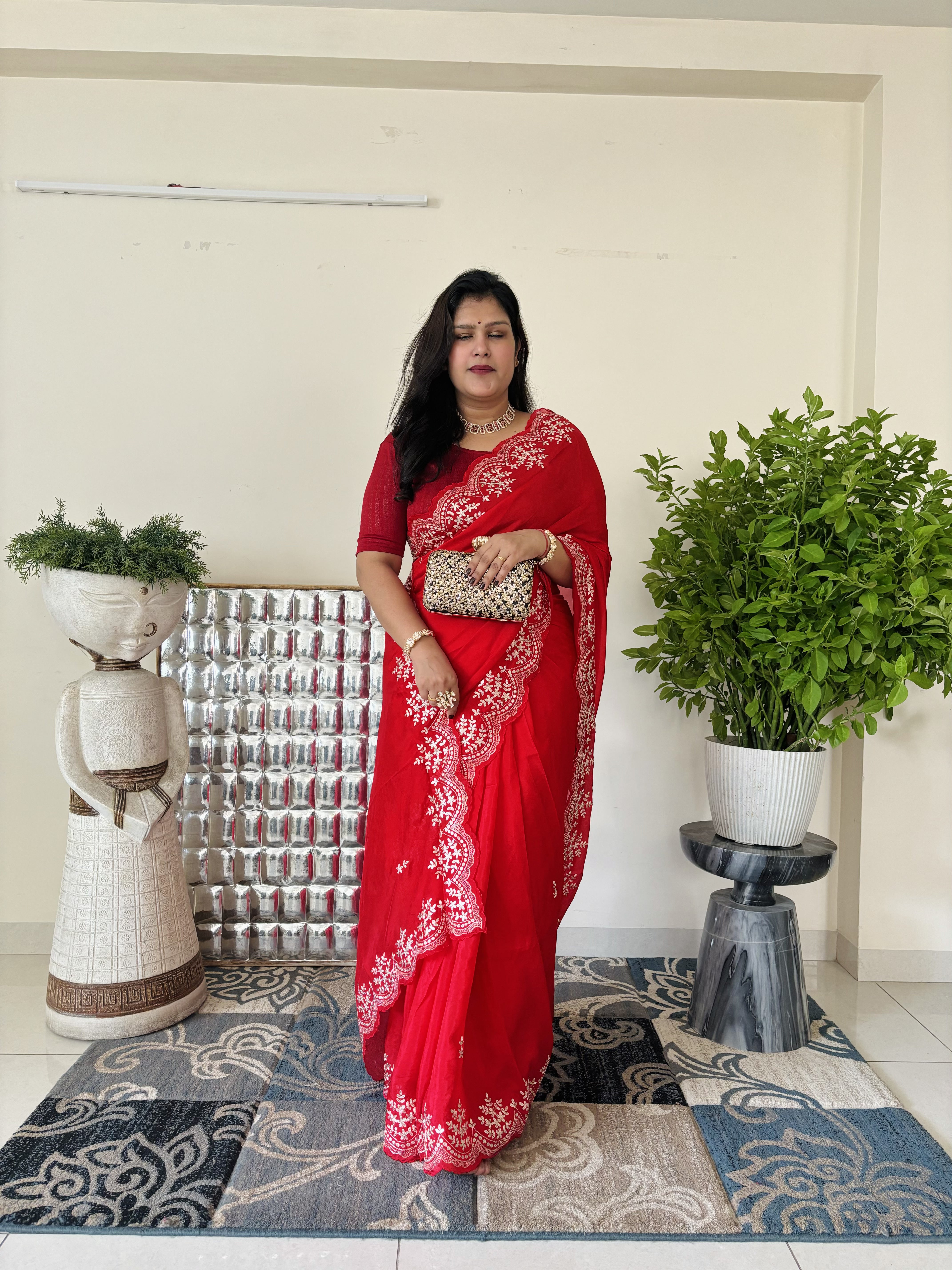 Red Chinon Silk Fabric saree with pittan work