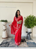 Red Chinon Silk Fabric saree with pittan work