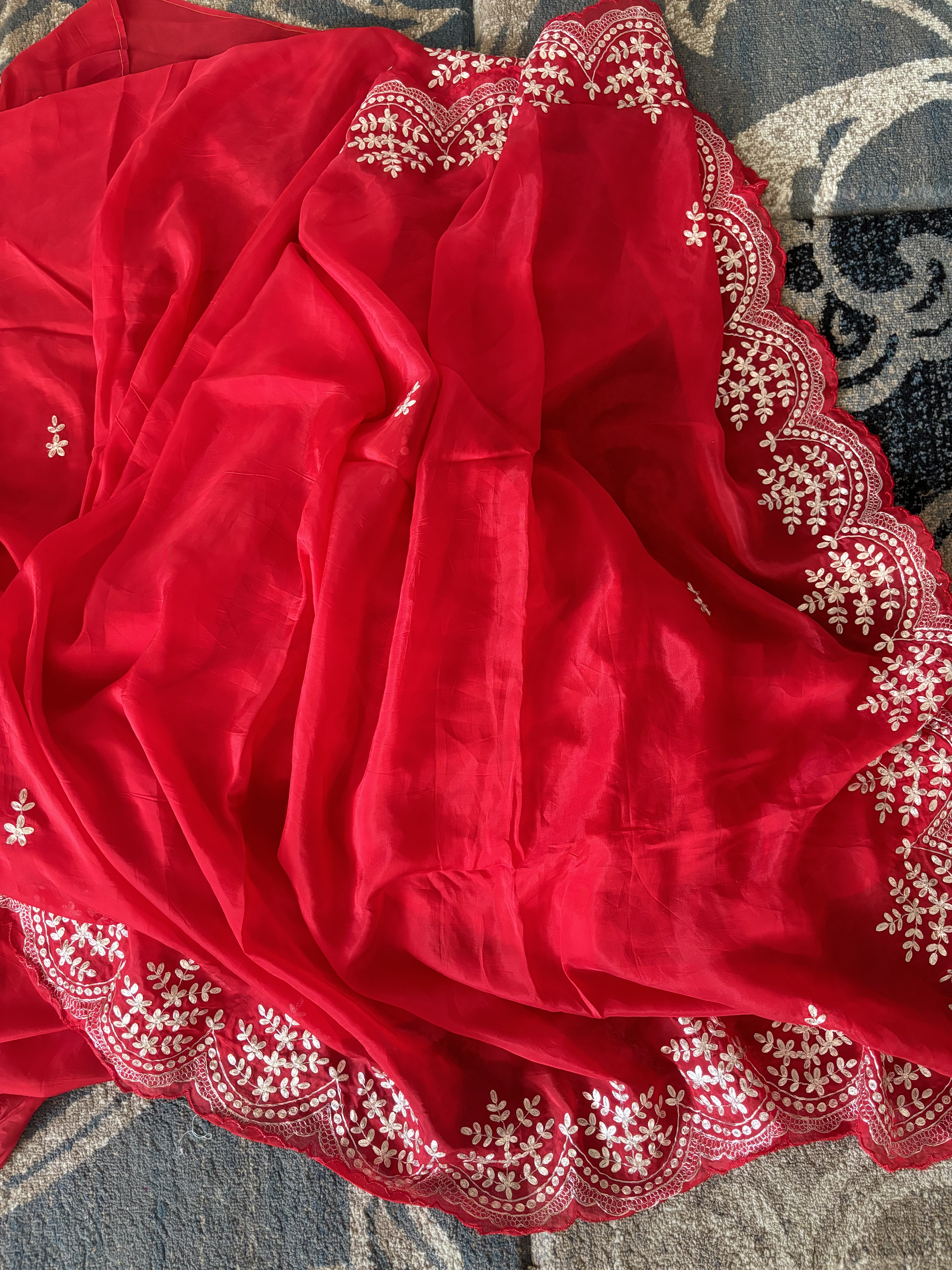 Red Chinon Silk Fabric saree with pittan work