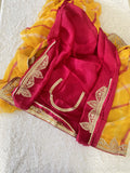 Pure Chiffon Fabric Yellow And Pink Saree With Gotta Patti Handwork