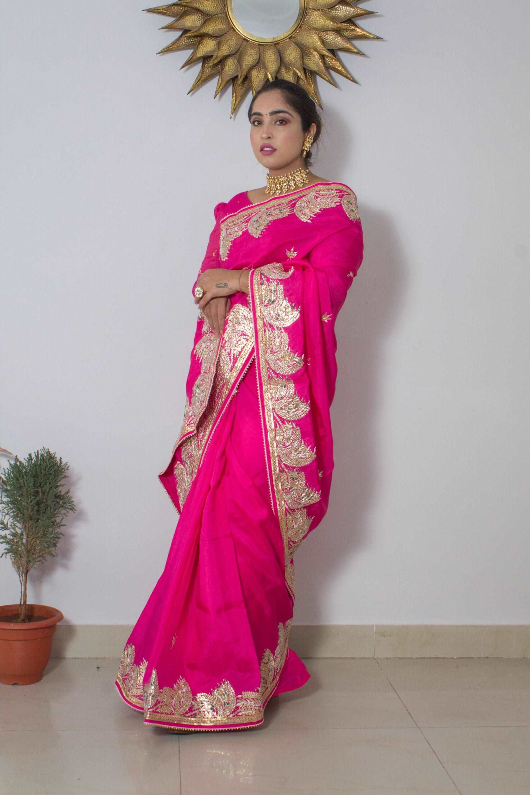 Pure Upada Silk Fabric Pink Colour Saree With Heavy Gotta Patti Handwork