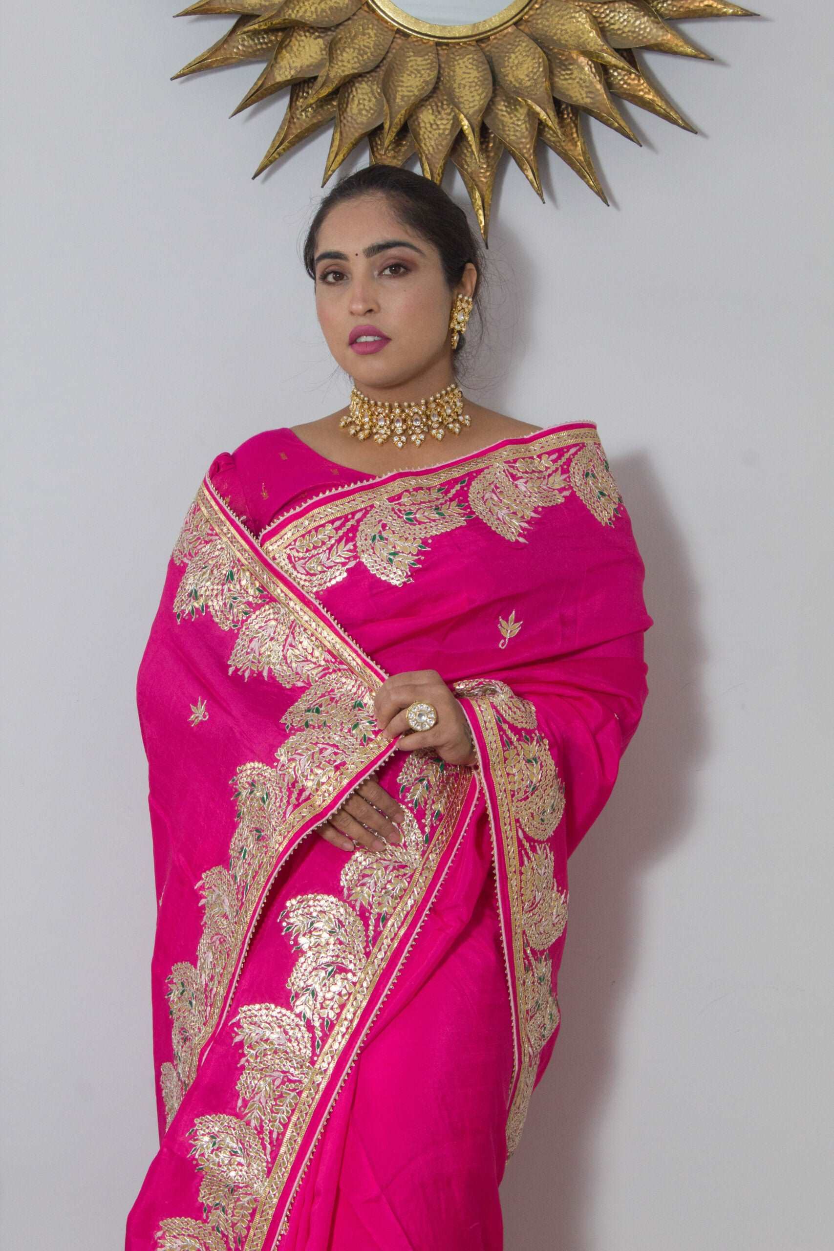 Pure Upada Silk Fabric Pink Colour Saree With Heavy Gotta Patti Handwork