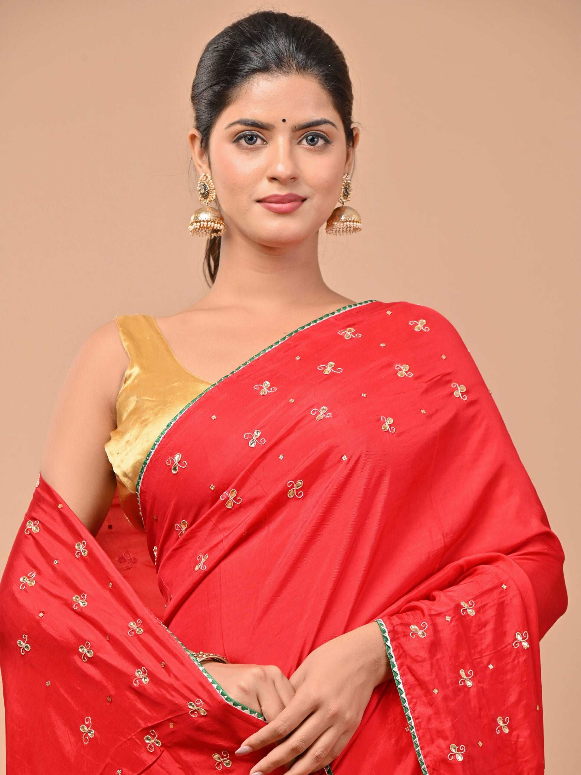 Pure Upada Silk Red color Saree with Gotta, Pearl, Thread, Kundanwork