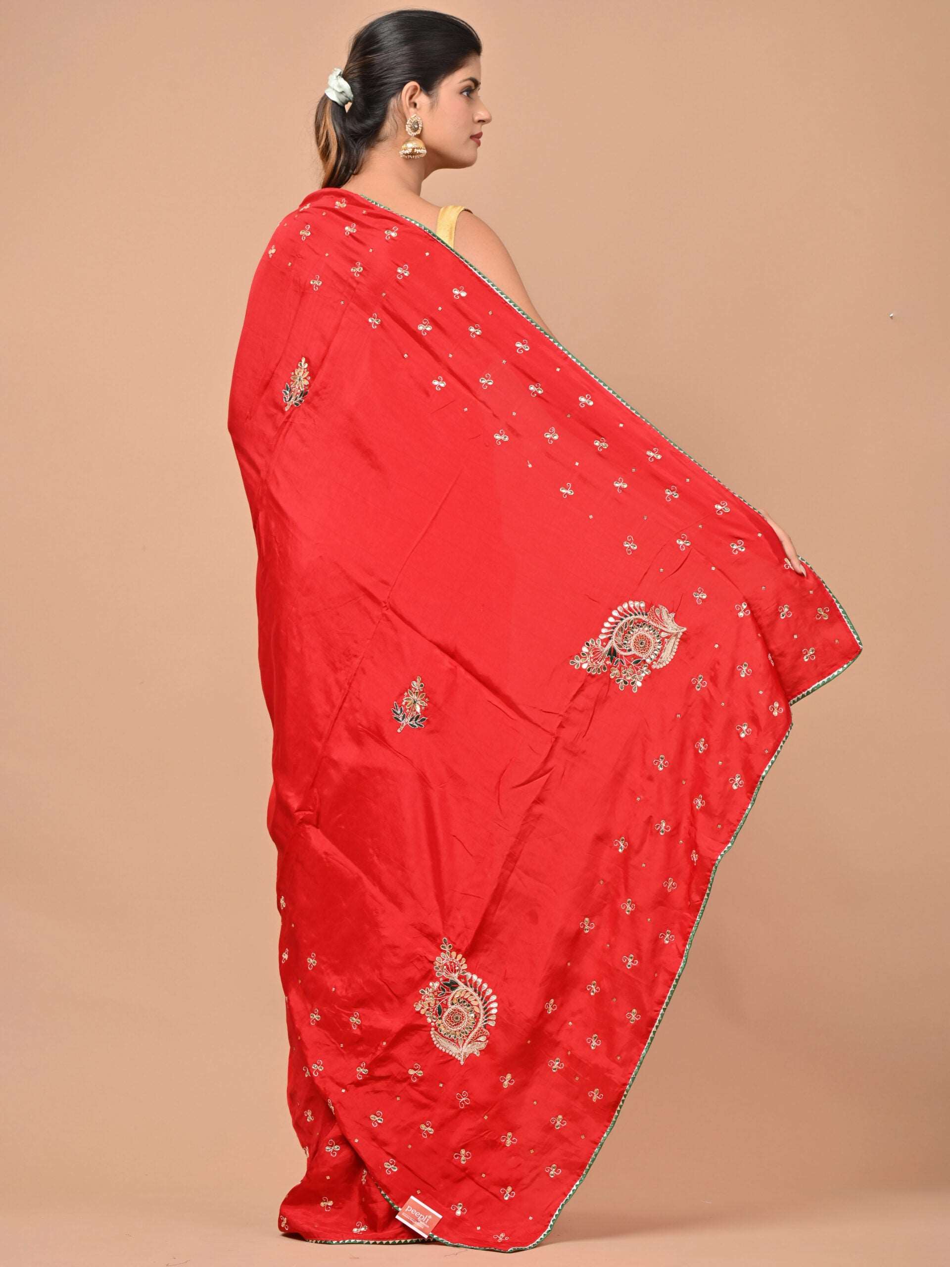 Pure Upada Silk Red color Saree with Gotta, Pearl, Thread, Kundanwork