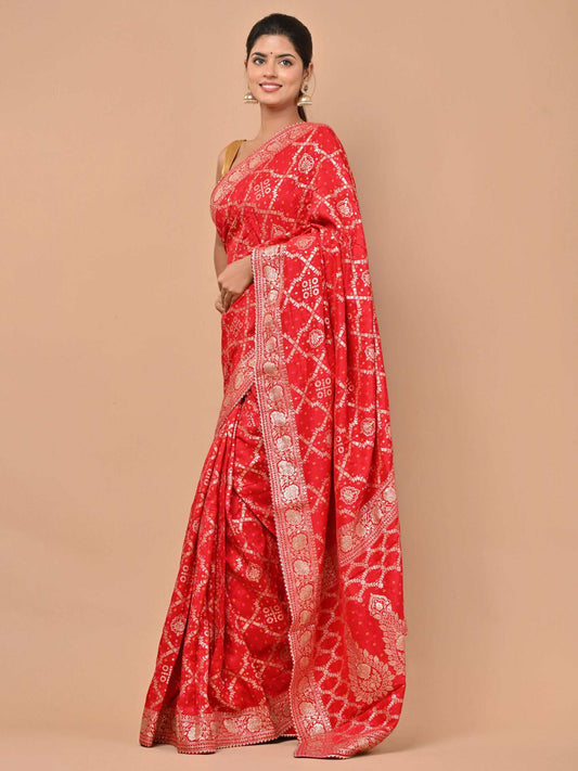 Banarasi Upada Silk Red color Saree with Zari Border