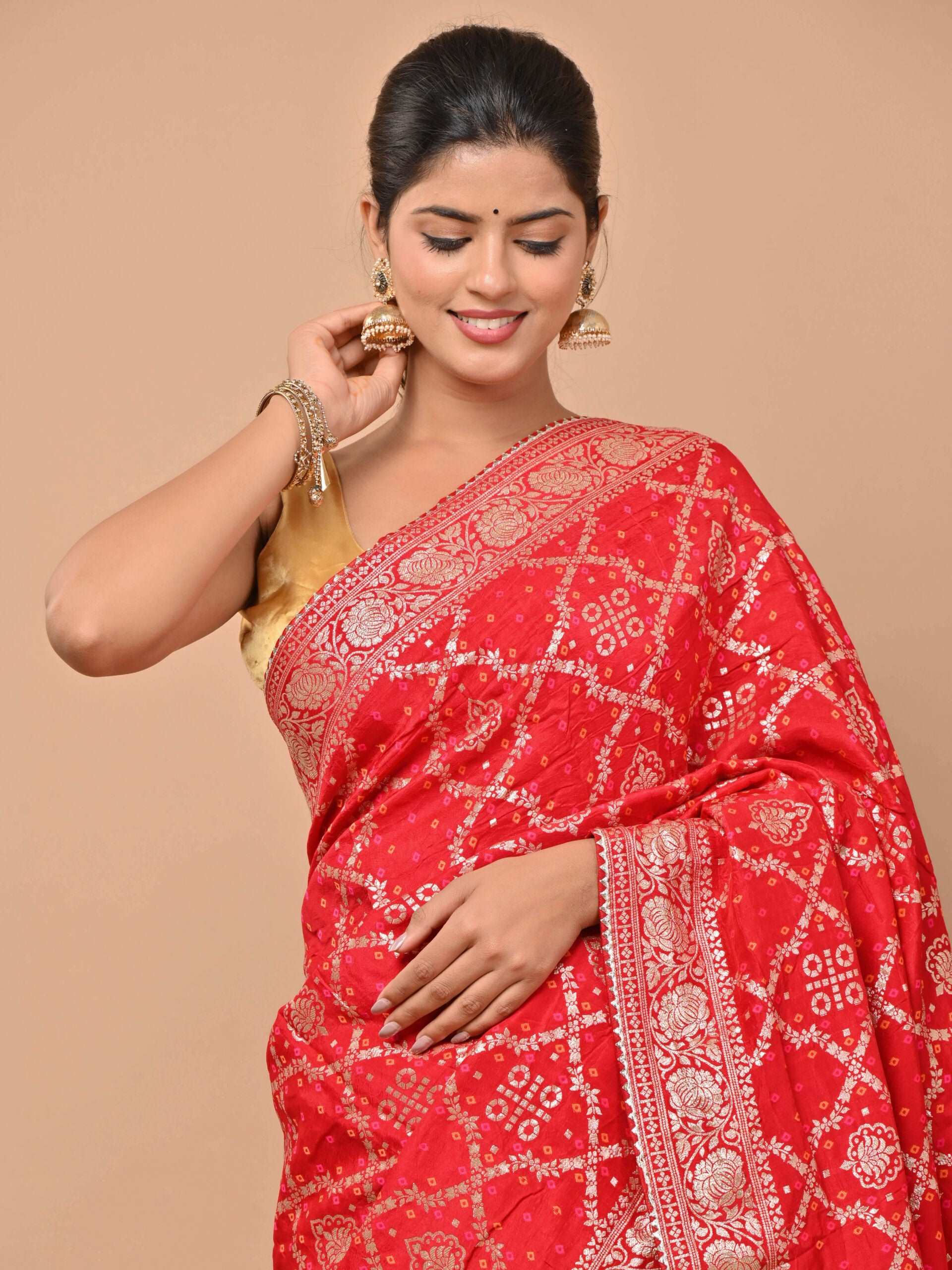 Banarasi Upada Silk Red color Saree with Zari Border