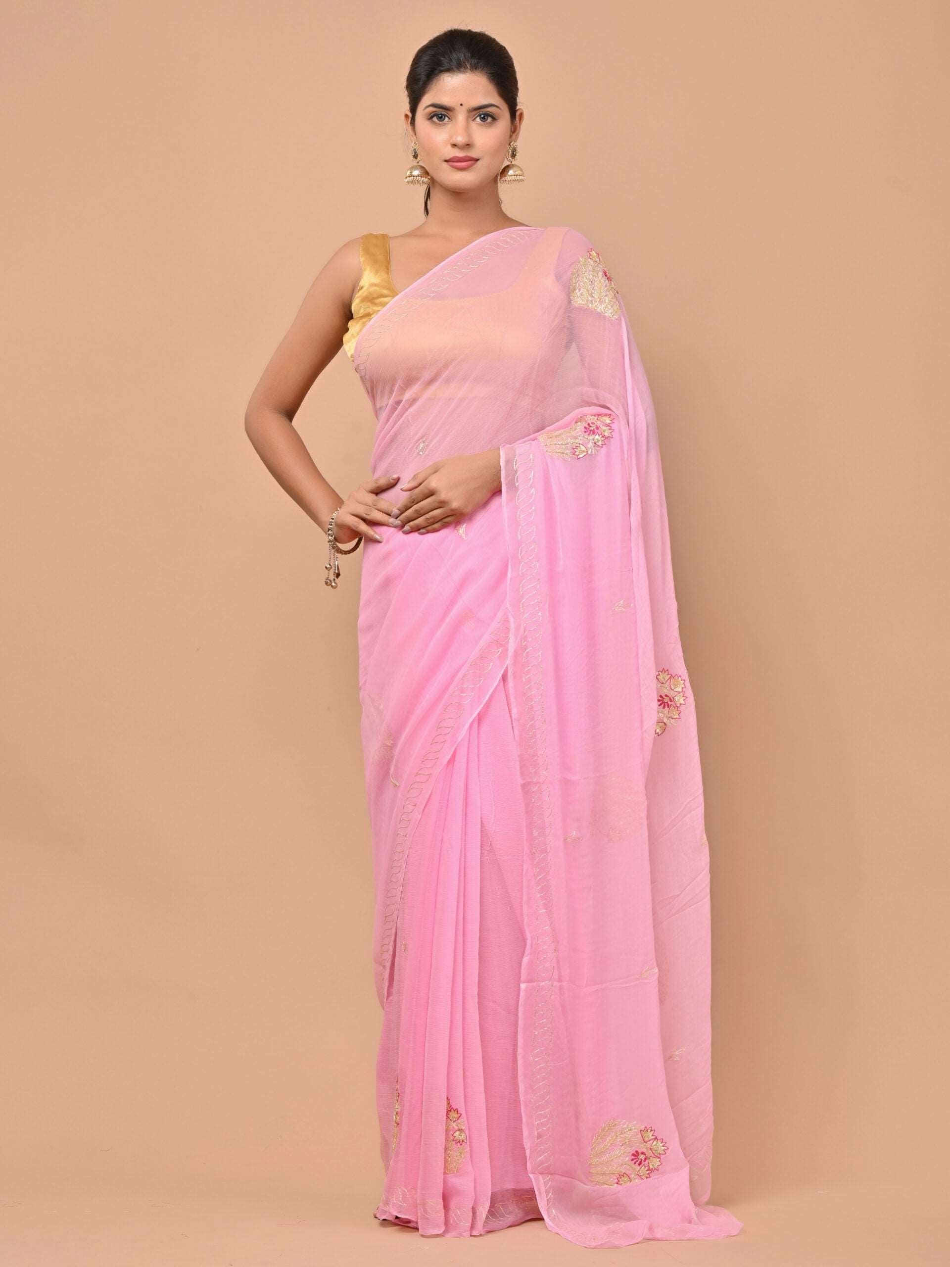 Pure chiffon pink color saree with pittan work