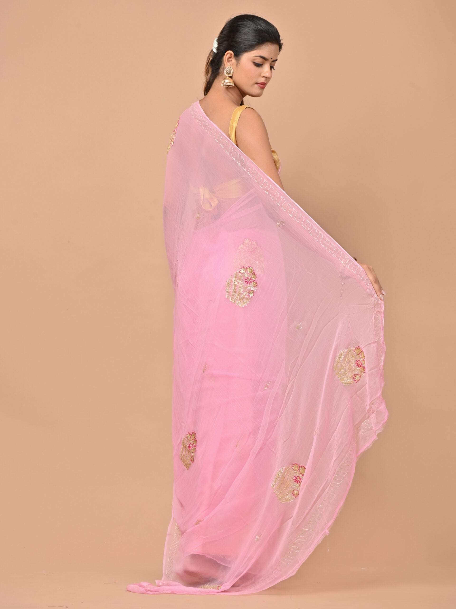 Pure chiffon pink color saree with pittan work