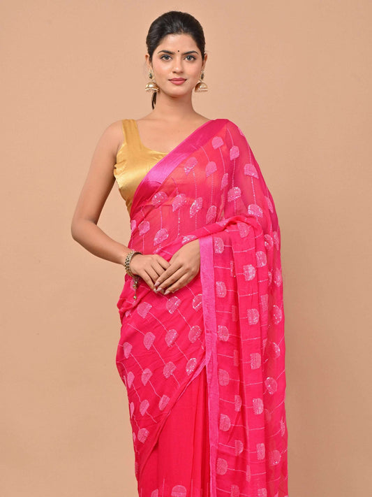 Pure chiffon Rani pink color saree embellished with thread and sequins