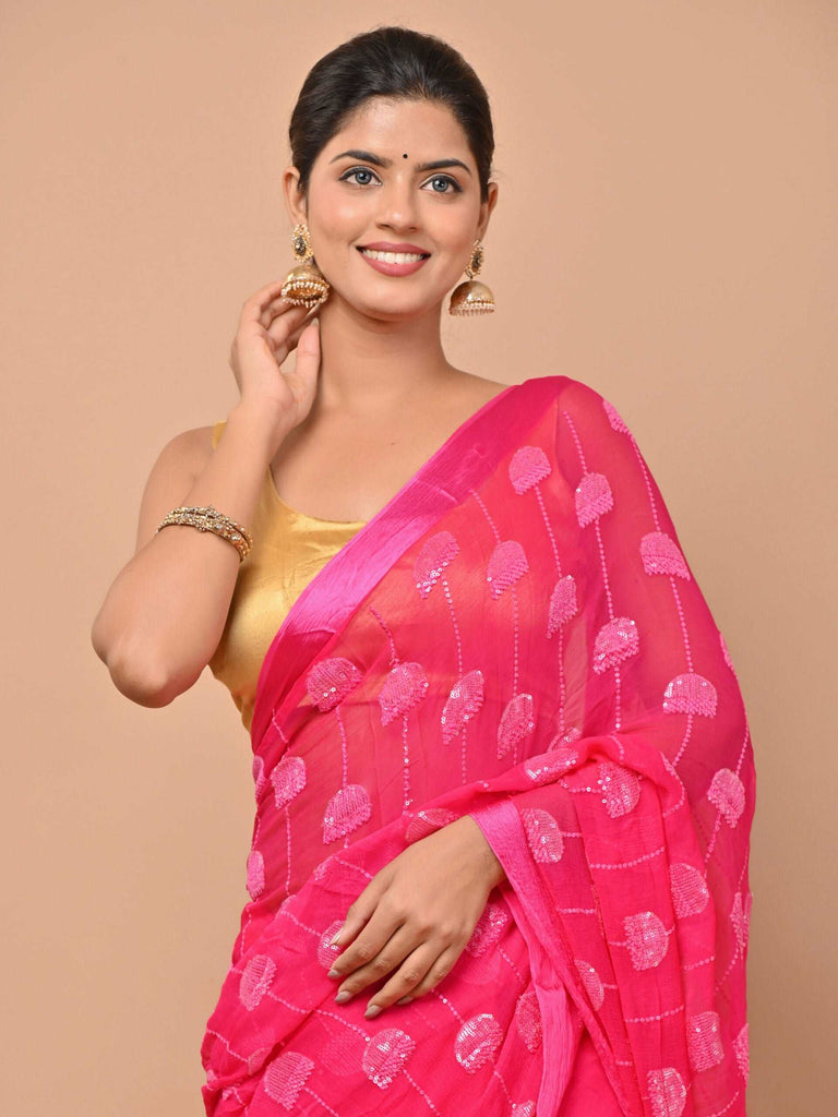 Pure chiffon Rani pink color saree embellished with thread and sequins ...