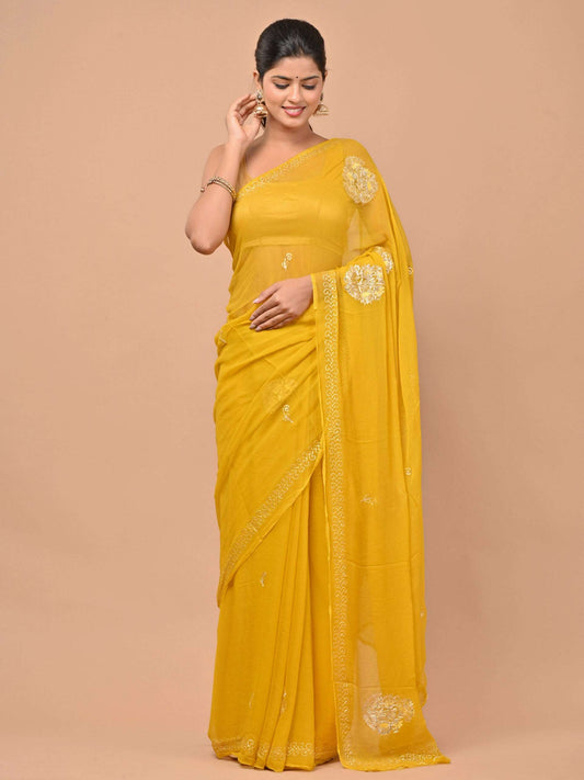 Pure chiffon Yellow color saree embellished with Pittan work