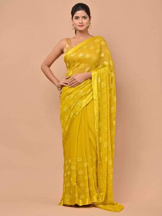 Pure chiffon Yellow color saree embellished with thread and sequins