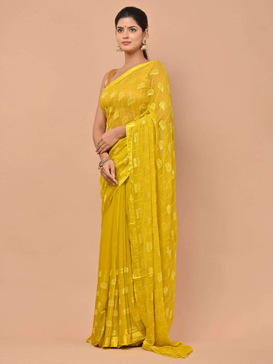 Pure chiffon Yellow color saree embellished with thread and sequins