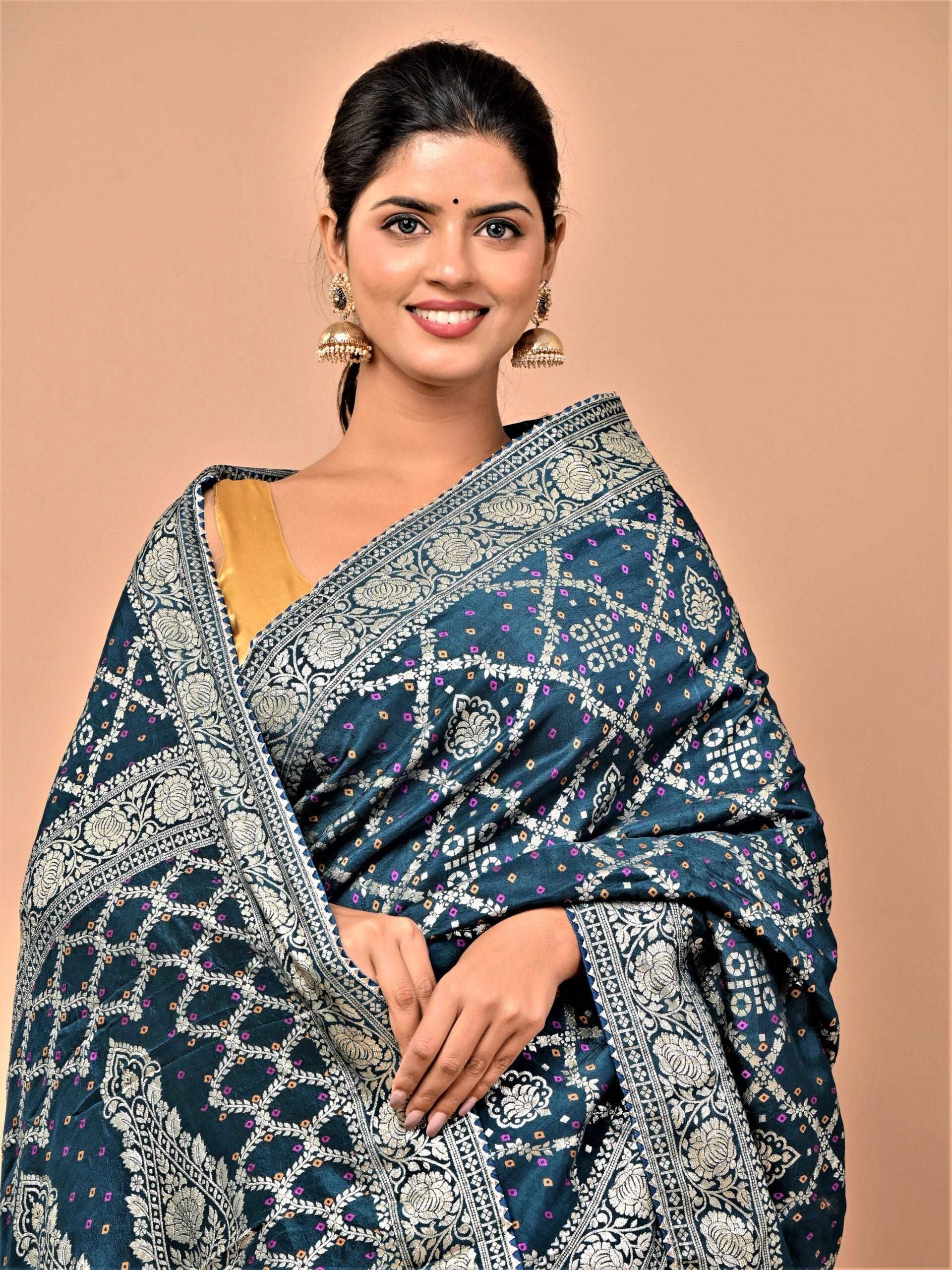 Banarasi Upada silk Peacock blue color saree with zari border