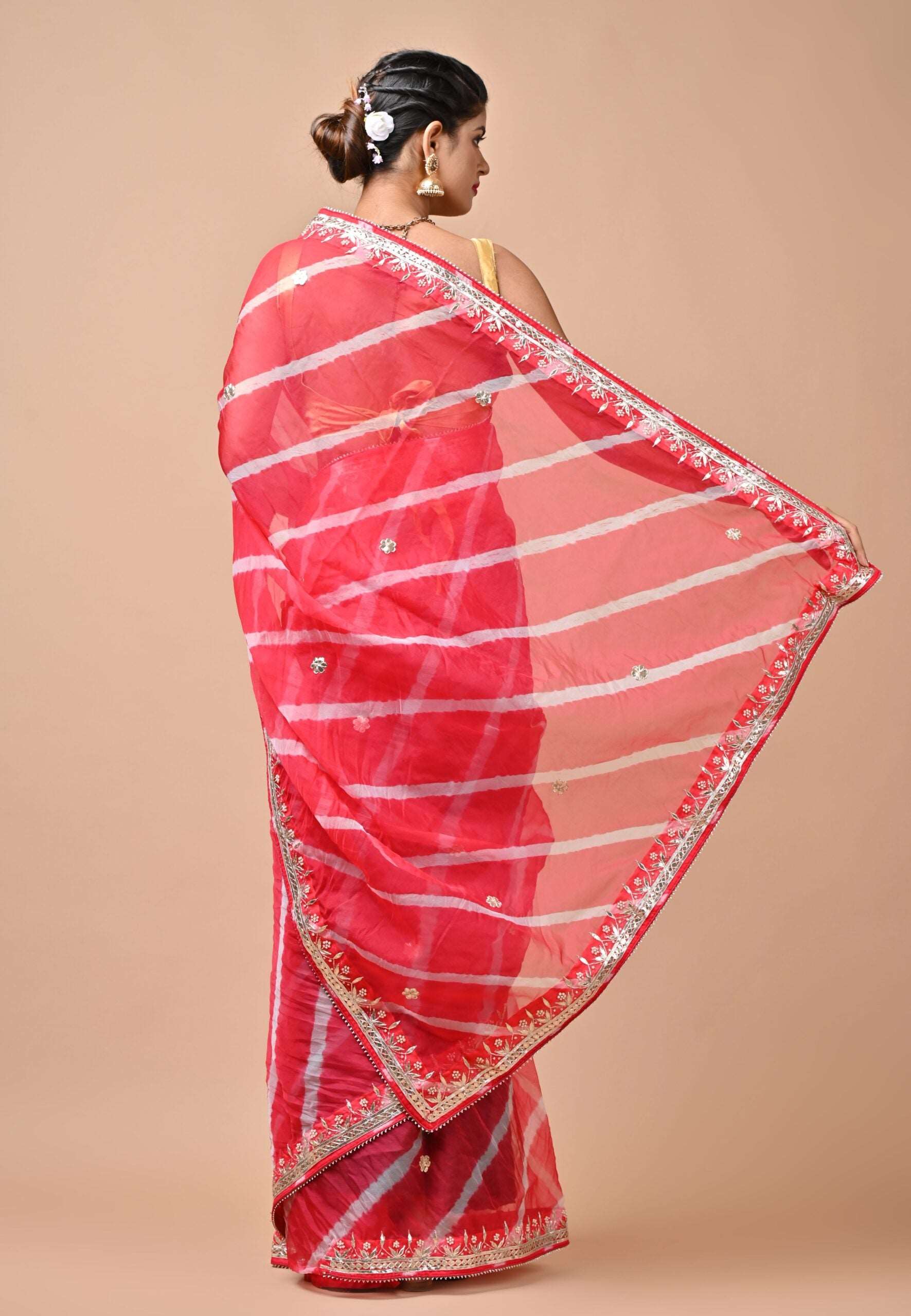 Organza Fabric Lycopene Red Color Leheriya Saree with Gota Patti and Moti work