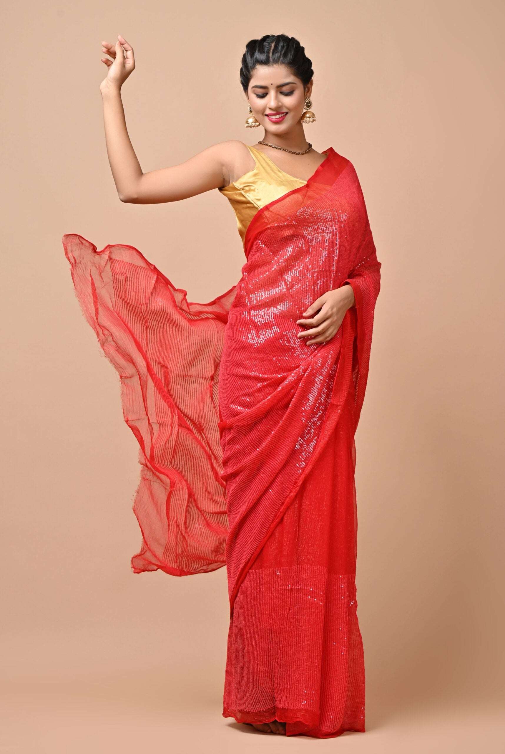 Chiffon Fabric Red Color Sequins Party Wear Saree