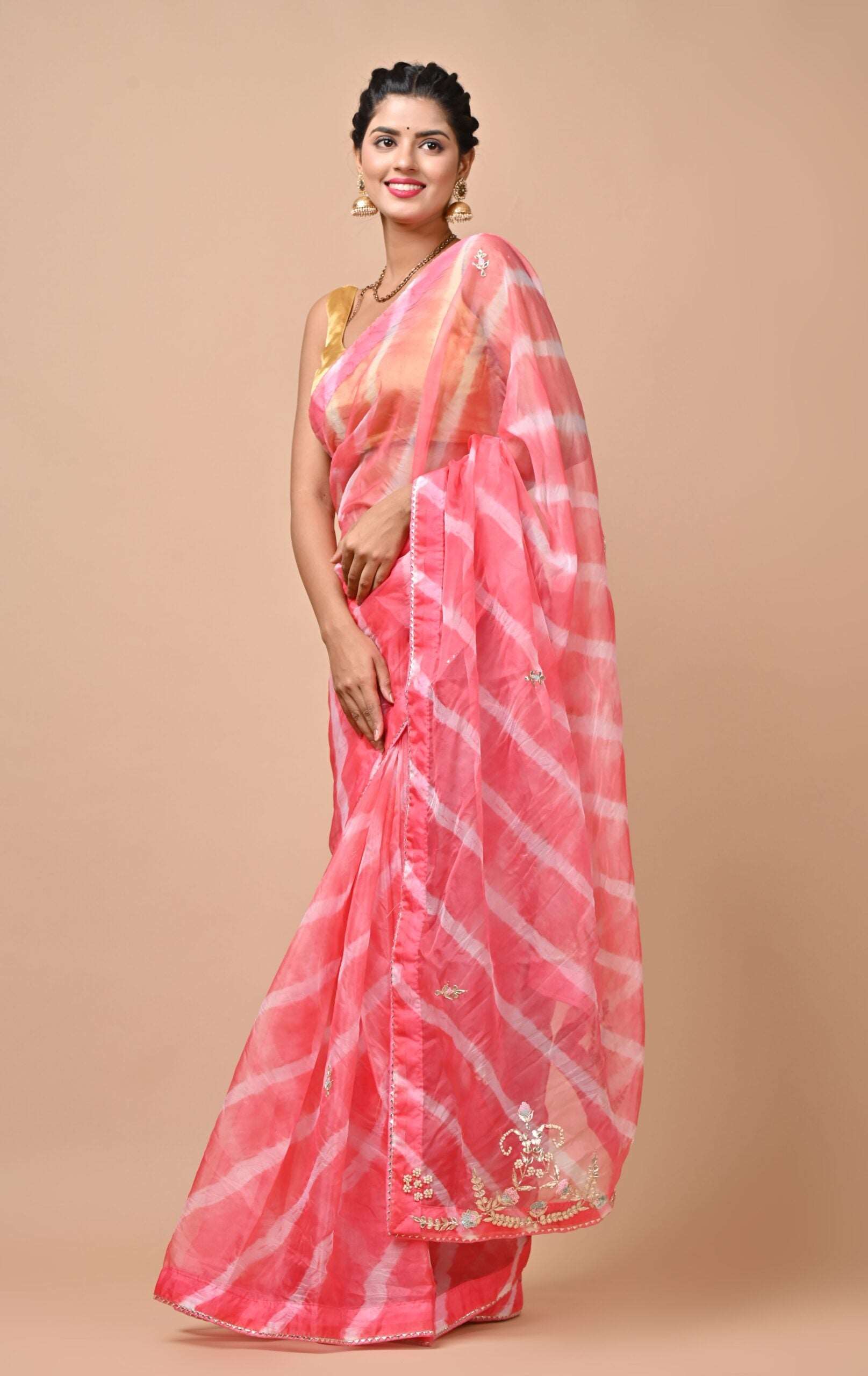 Organza fabric Pink color Saree with Gota Patti, Sequins, Zardozi & Pearl Mix Work