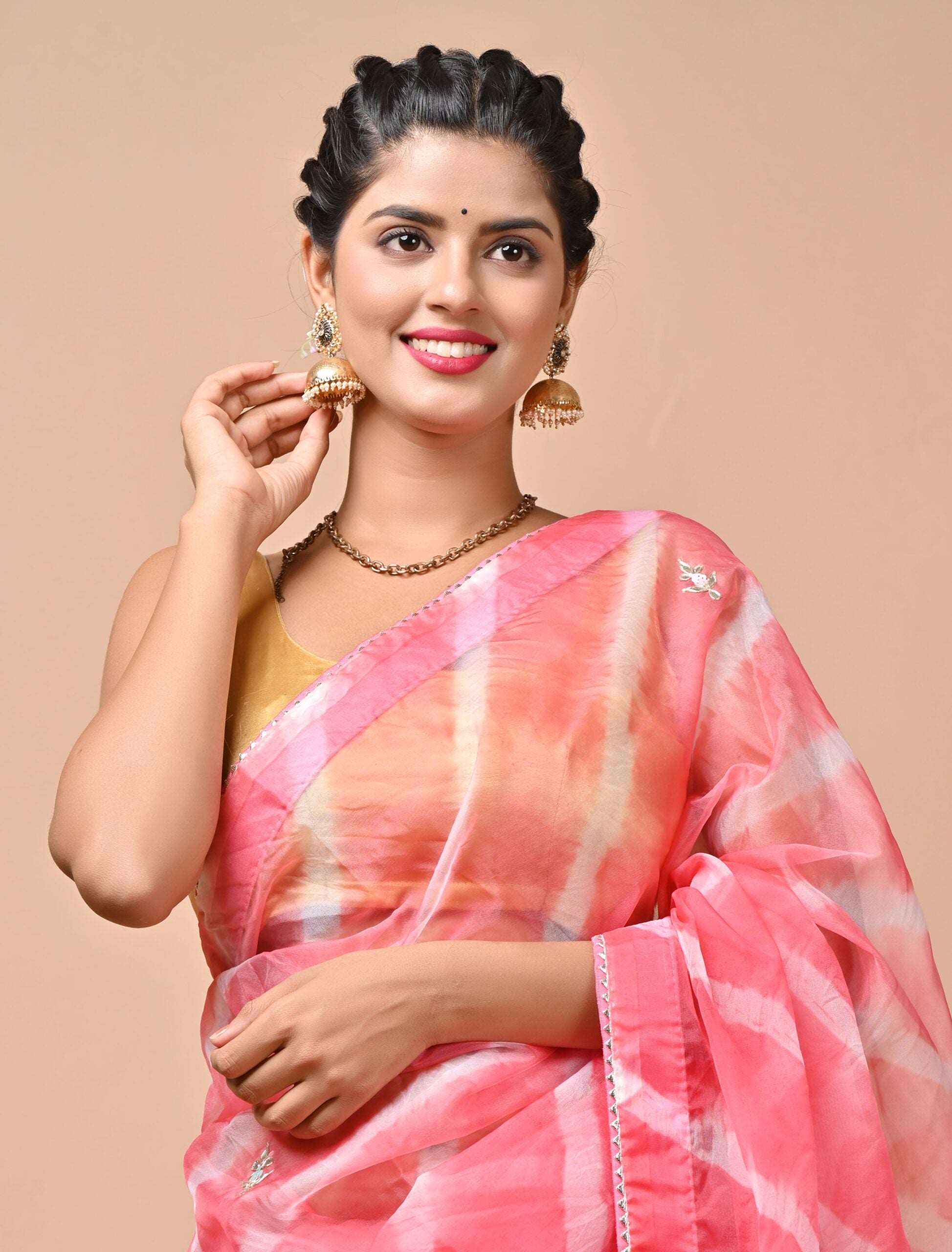 Organza fabric Pink color Saree with Gota Patti, Sequins, Zardozi & Pearl Mix Work