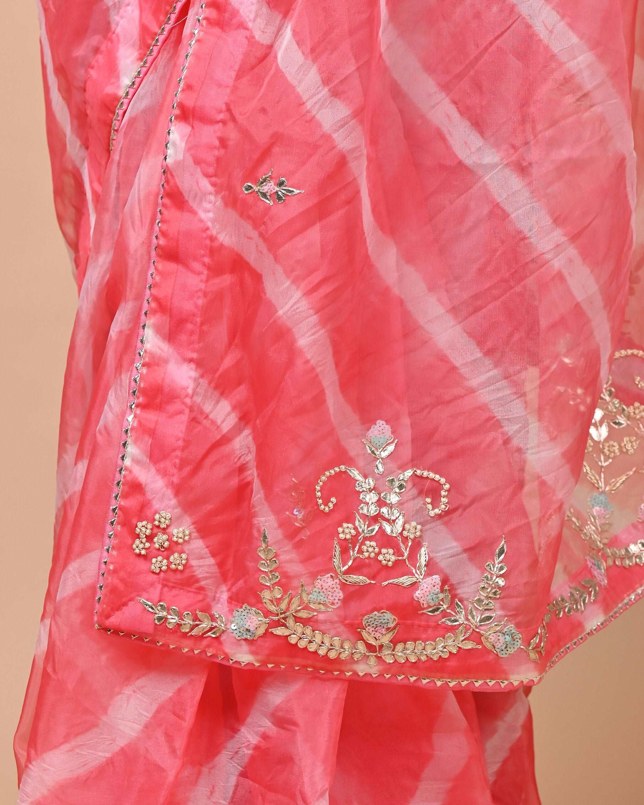 Organza fabric Pink color Saree with Gota Patti, Sequins, Zardozi & Pearl Mix Work