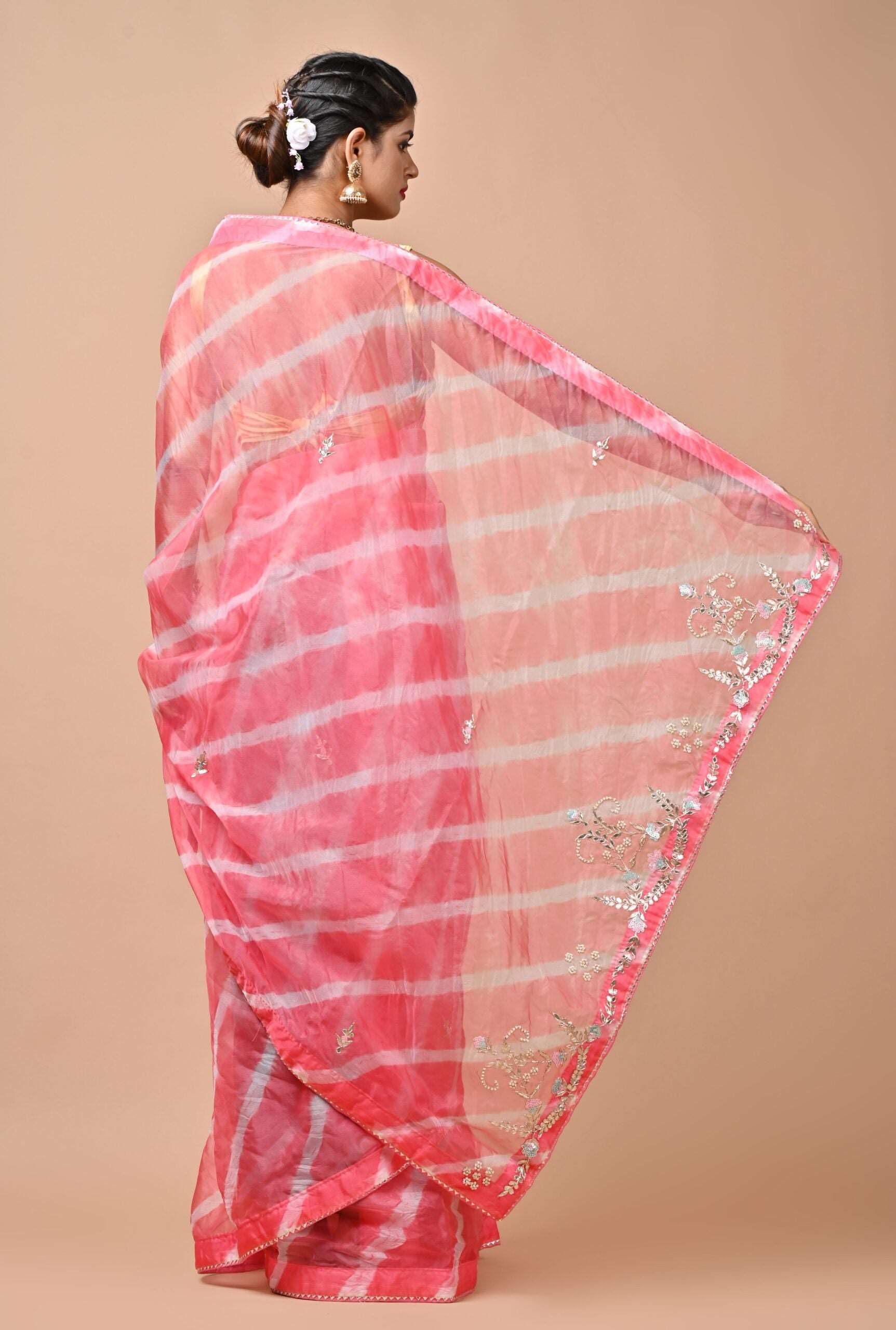 Organza fabric Pink color Saree with Gota Patti, Sequins, Zardozi & Pearl Mix Work