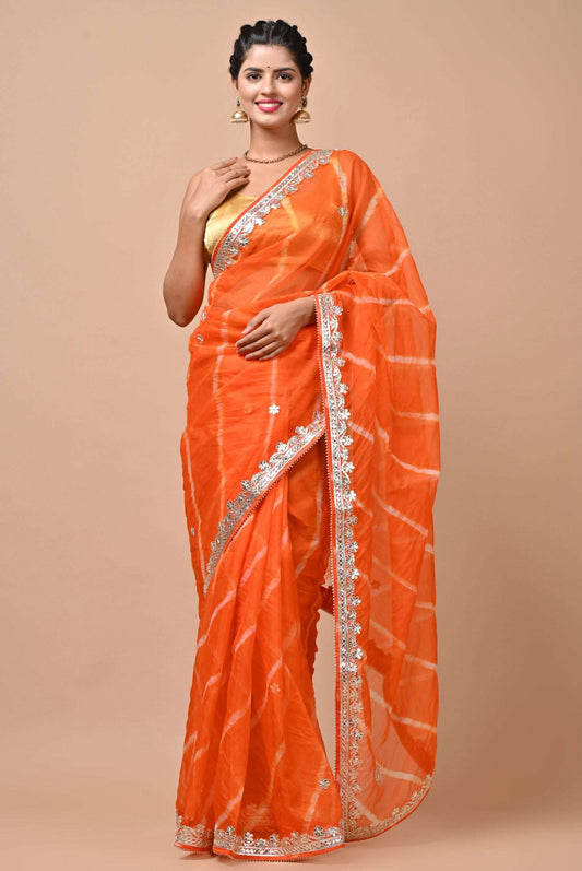 Organza Fabric Orange color Leheriya saree with Gota patti work