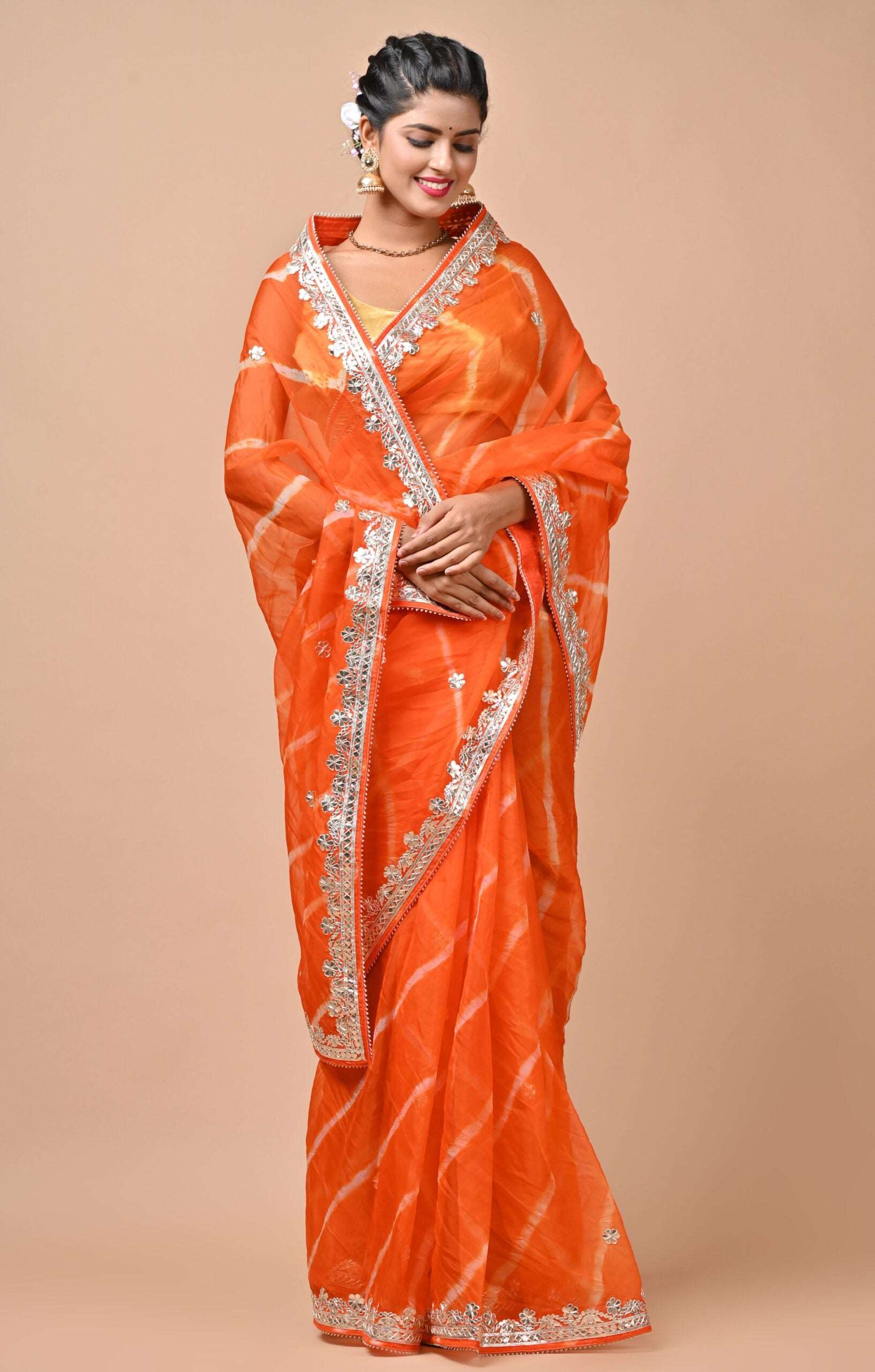 Organza Fabric Orange color Leheriya saree with Gota patti work