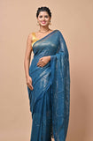 Chiffon Fabric Turquish Blue Color Sequins Party Wear Saree