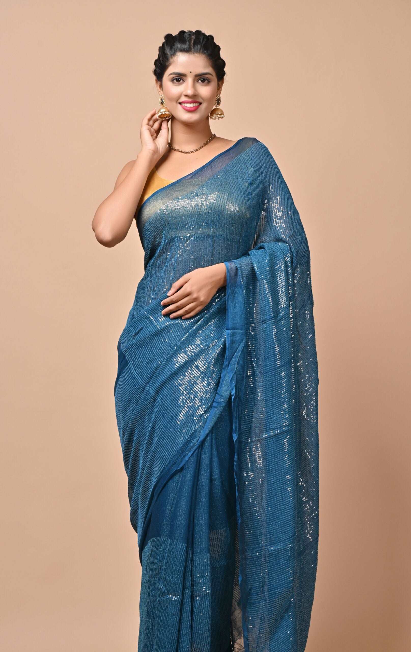 Chiffon Fabric Turquish Blue Color Sequins Party Wear Saree