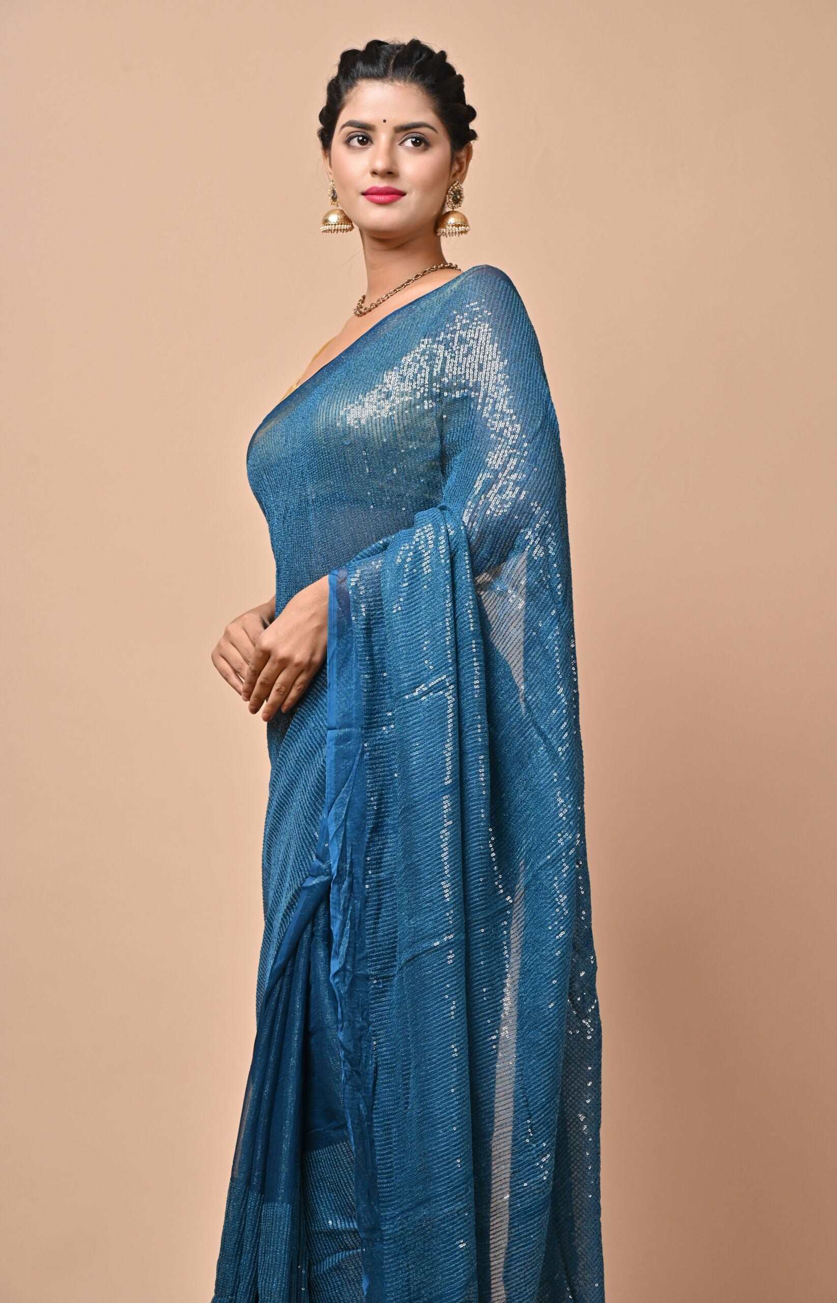 Chiffon Fabric Turquish Blue Color Sequins Party Wear Saree