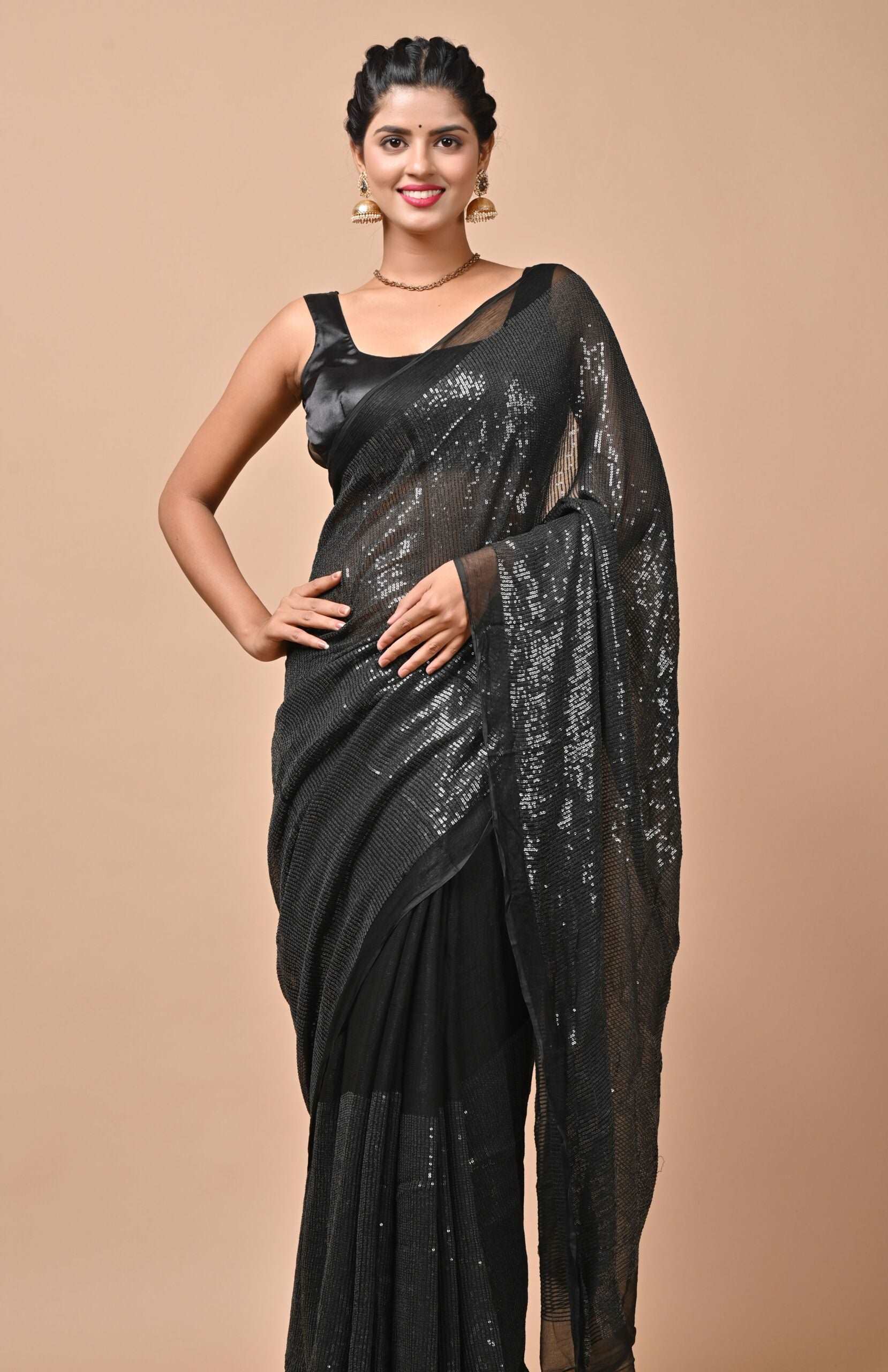 Chiffon Fabric Black color Sequins Party Wear Saree