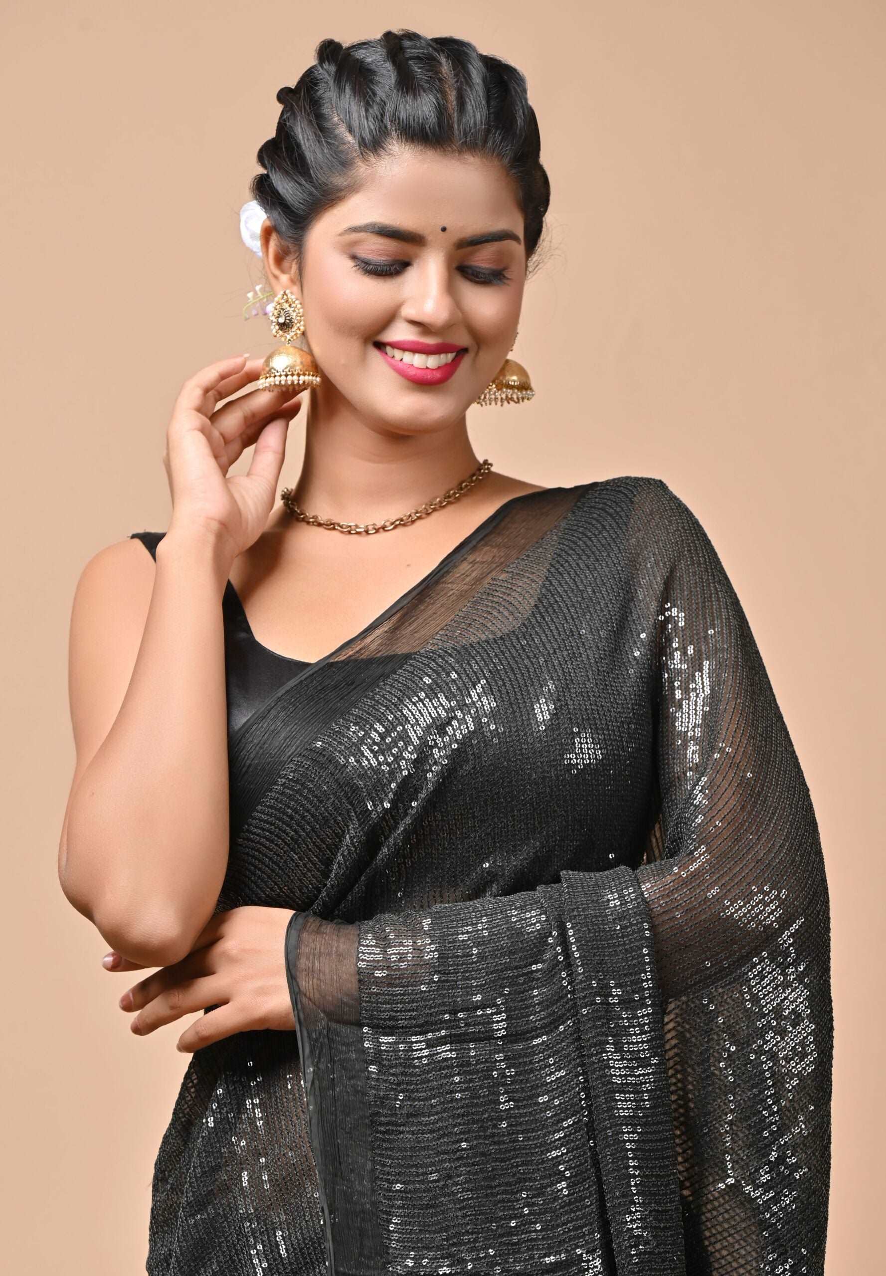 Chiffon Fabric Black color Sequins Party Wear Saree