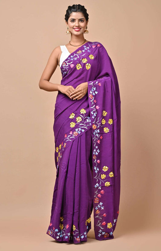 Italian Silk Purple Color Hand Painted Saree