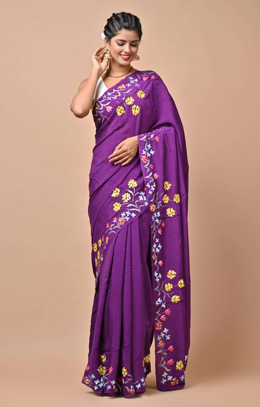 Italian Silk Purple Color Hand Painted Saree