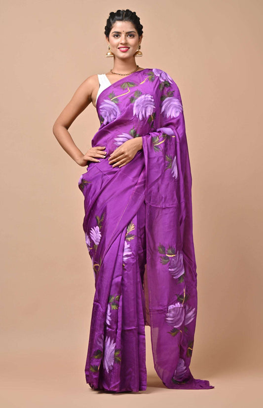 Italian Silk Purple Color Floral Hand Painted Saree