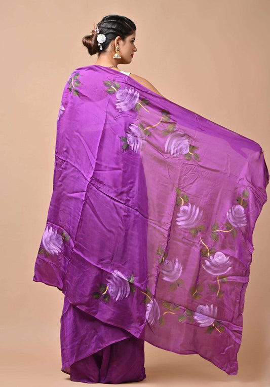 Italian Silk Purple Color Floral Hand Painted Saree