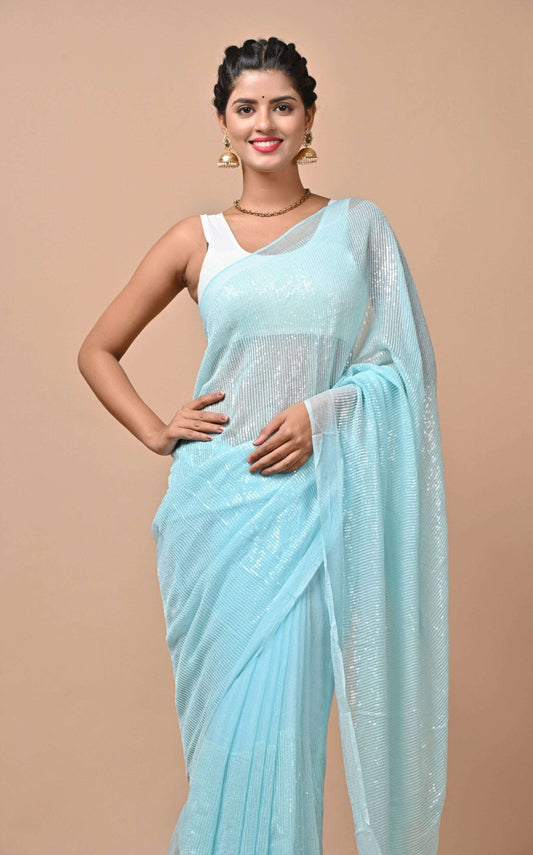 Chiffon Fabric Aqua Blue Color Sequins Party Wear Saree