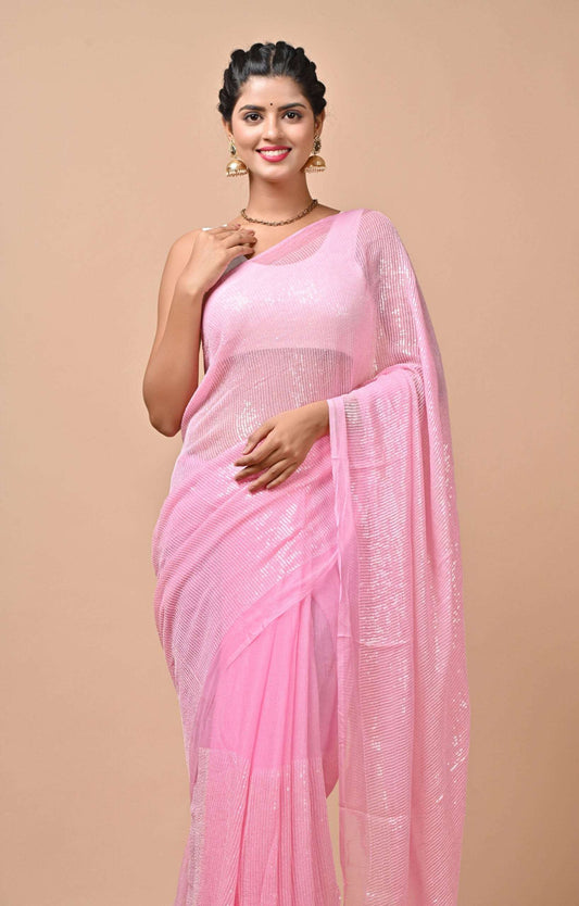 Chiffon Fabric Pink Color Sequins Party Wear Saree