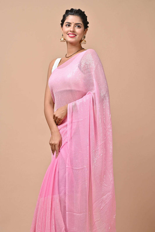 Chiffon Fabric Pink Color Sequins Party Wear Saree