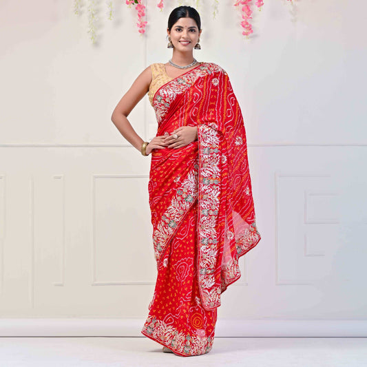 Pure Georgette Bandhani saree With Gota patti Handwork