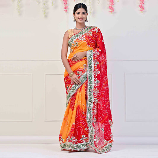 Pure Georgette Bandhni Piliya saree with Gota patti Handwork