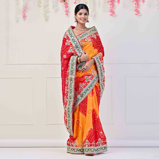 Pure Georgette Bandhni Piliya saree with Gota patti Handwork