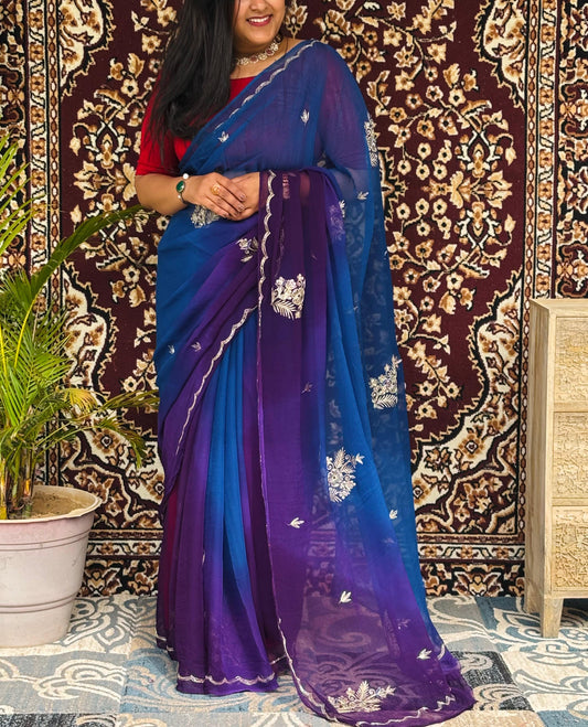 Pure Chiffon Blue and Purple Shaded Saree With Mixed Work