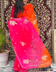Pure Chiffon Orange And Pink Rajputi  Shaded Saree With Mixed Work