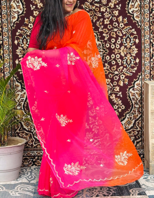 Pure Chiffon Orange And Pink Rajputi  Shaded Saree With Mixed Work